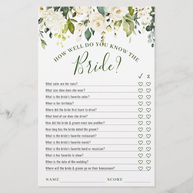 Ivory White Floral Double-Sided Bridal Shower Game (Front)