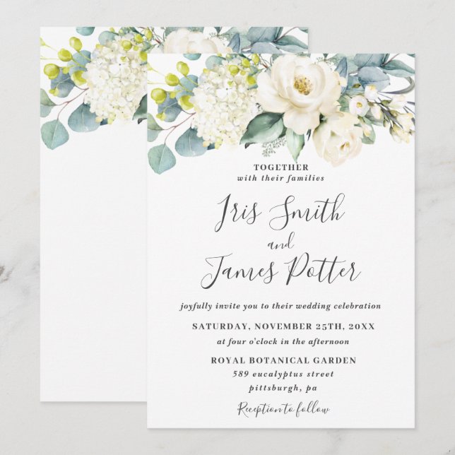 Ivory White Floral Eucalyptus Greenery Wedding Invitation (Front/Back)