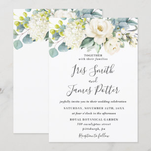 Ivory White Floral Eucalyptus Greenery Wedding Invitation