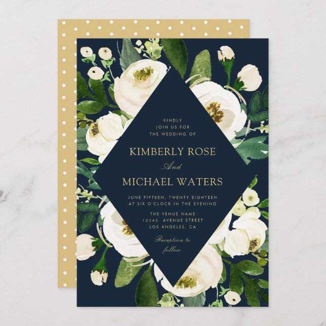 Ivory white floral frame navy wedding invitation (Front/Back)
