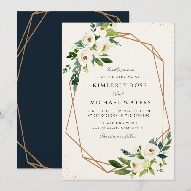Ivory white floral geometric wedding invitation (Front/Back)