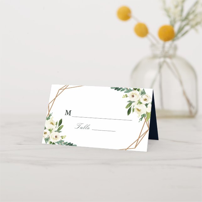 Ivory white floral geometric wedding place card (Front)