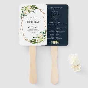 Ivory white floral geometric wedding program hand fan