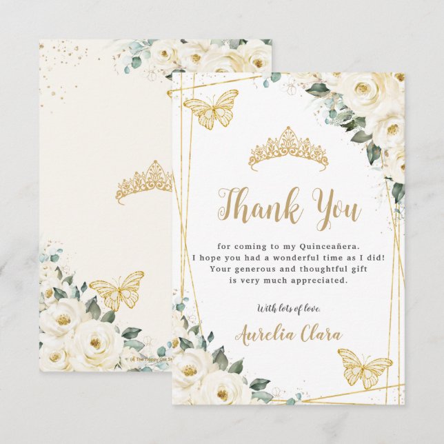 Ivory White Floral Gold Butterflies Quinceañera  Thank You Card (Front/Back)