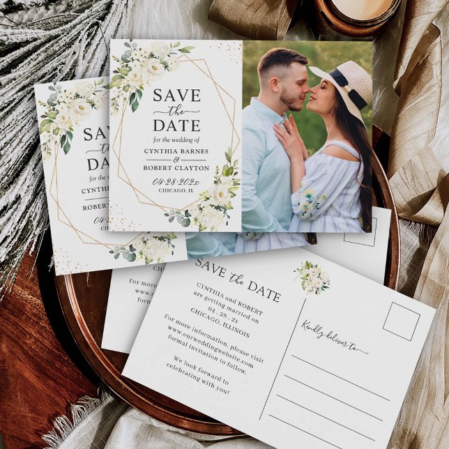 Ivory White Floral Gold Geometric Save the Date Postcard (Creator Uploaded)