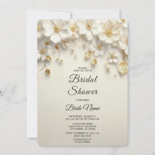 Ivory White Floral Gold Leaves Bridal Shower Invitation