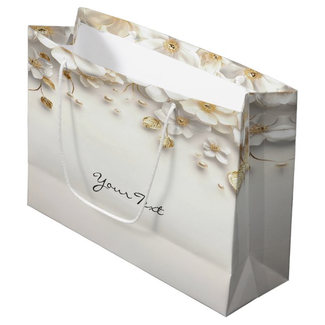 Ivory White Floral Gold Leaves Gift Bag (Front Angled)
