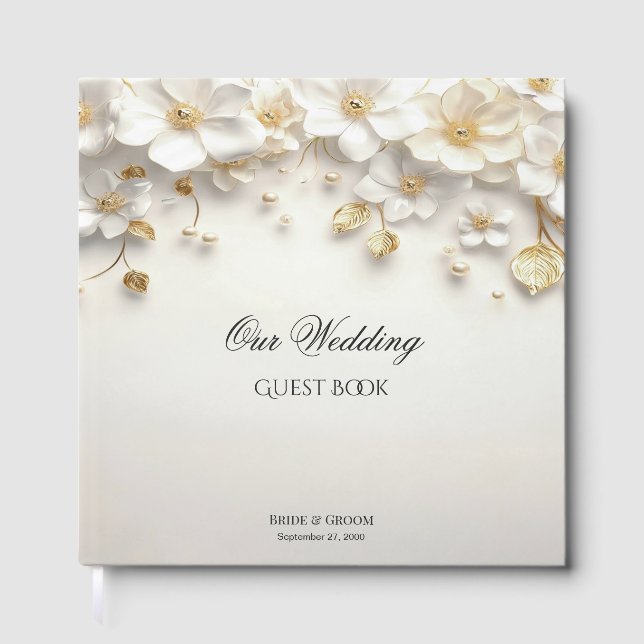Ivory White Floral Gold Leaves Guest Book (Front)