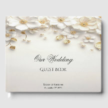 Ivory White Floral Gold Leaves Guest Book