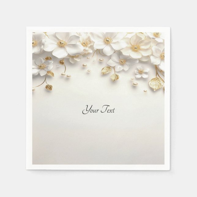Ivory White Floral Gold Leaves Napkin (Front)