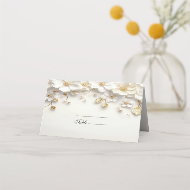 Ivory White Floral Gold Leaves Place Card (Front)