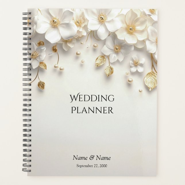 Ivory White Floral Gold Leaves Planner (Front)