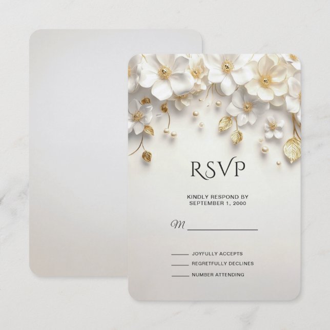 Ivory White Floral Gold Leaves RSVP Card (Front/Back)