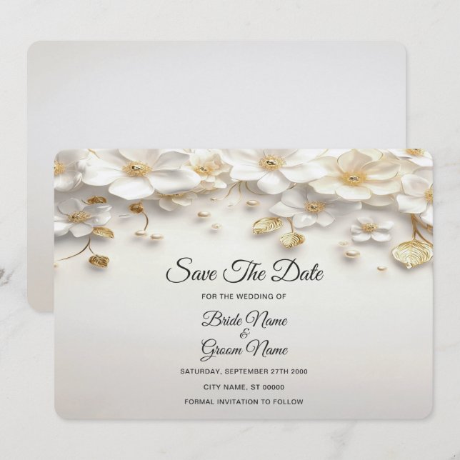 Ivory White Floral Gold Leaves Save The Date (Front/Back)