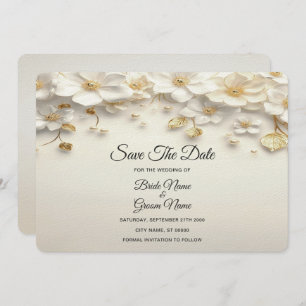 Ivory White Floral Gold Leaves Save The Date
