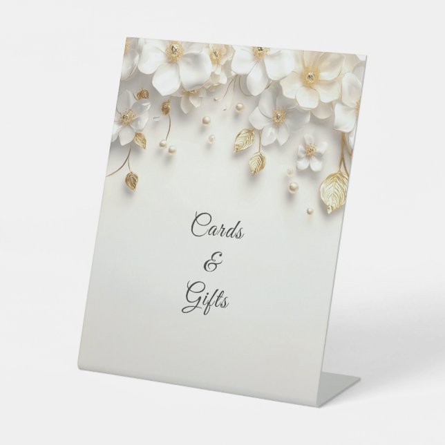 Ivory White Floral Gold Leaves Tabletop Signs (Front)