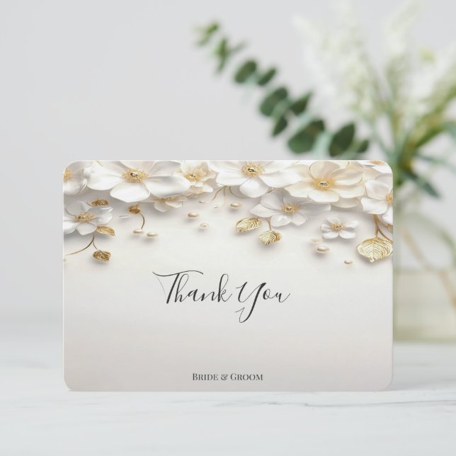 Ivory White Floral Gold Leaves Thank You Card (Standing Front)