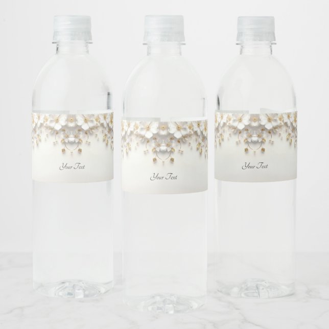 Ivory White Floral Gold Leaves Water Bottle Label (Bottles)