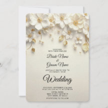 Ivory White Floral Gold Leaves Wedding Invitation