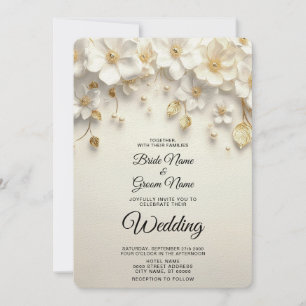 Ivory White Floral Gold Leaves Wedding Invitation