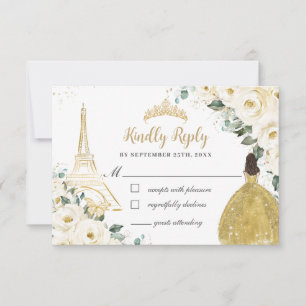 Ivory White Floral Gold Paris Princess Quinceañera RSVP Card