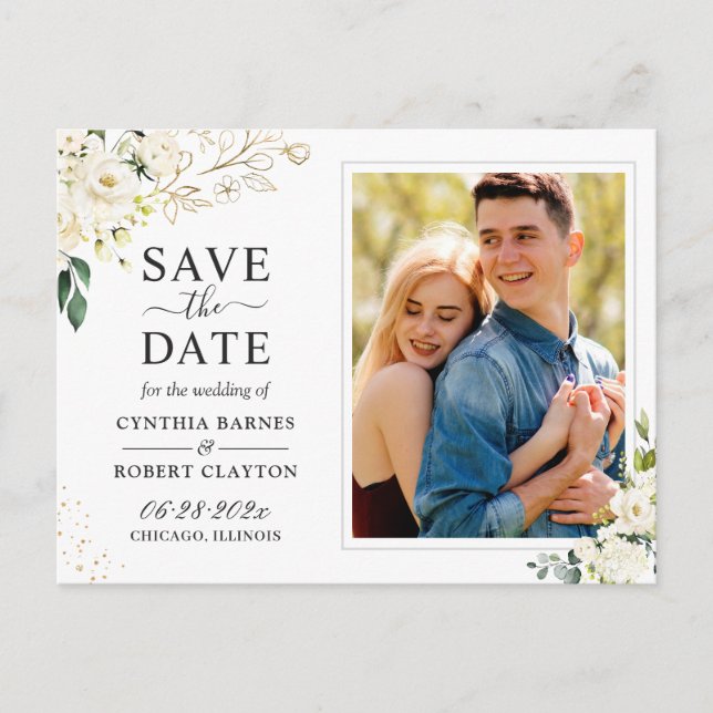 Ivory White Floral Gold Photo Save the Date Postcard (Front)
