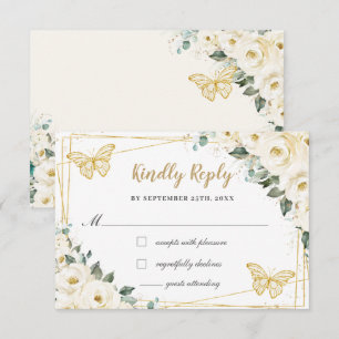 Ivory White Floral Gold Quinceañera Princess Reply RSVP Card