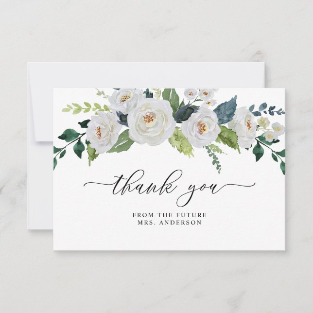 Ivory White Floral Greenery Elegant Bridal Shower  Thank You Card (Front)