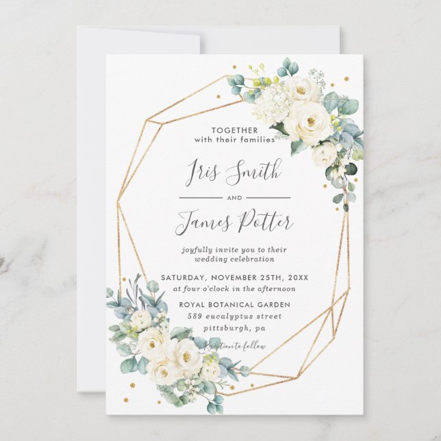 Ivory White Floral Greenery Gold Geometric Wedding Invitation (Front)