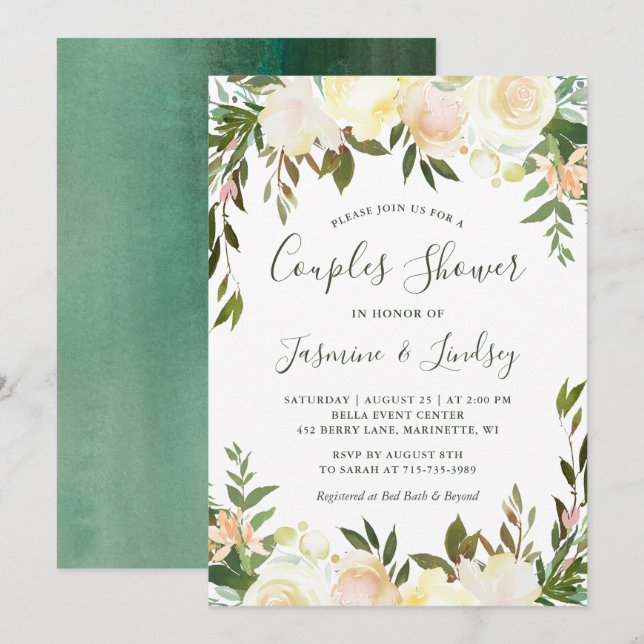Ivory White Floral Greenery Wedding Couples Shower Invitation (Front/Back)