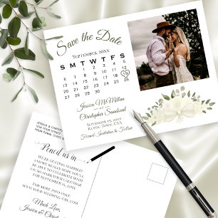 Ivory White Floral Photo & Calendar Save the Date Announcement Postcard