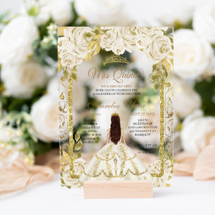 Ivory White Floral Princess Gold Arch Quinceanera Acrylic Invitations