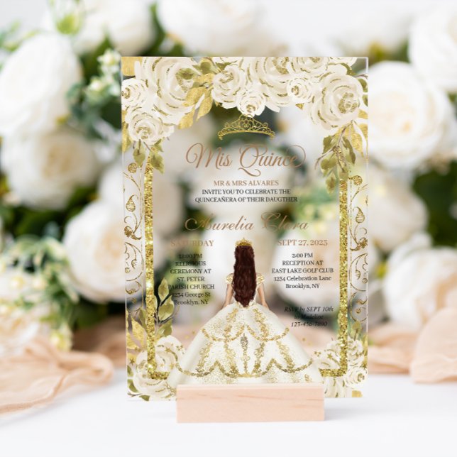 Ivory White Floral Princess Gold Arch Quinceanera Acrylic Invitations (Creator Uploaded)