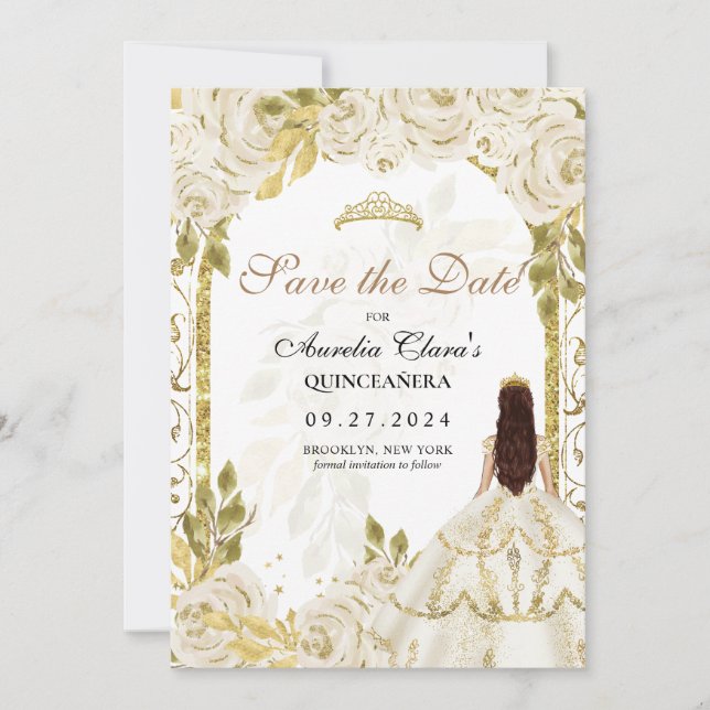 Ivory White Floral Princess Gold Arch Quinceanera Announcement (Front)