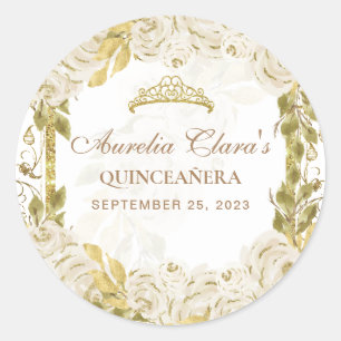 Ivory White Floral Princess Gold Arch Quinceanera Classic Round Sticker