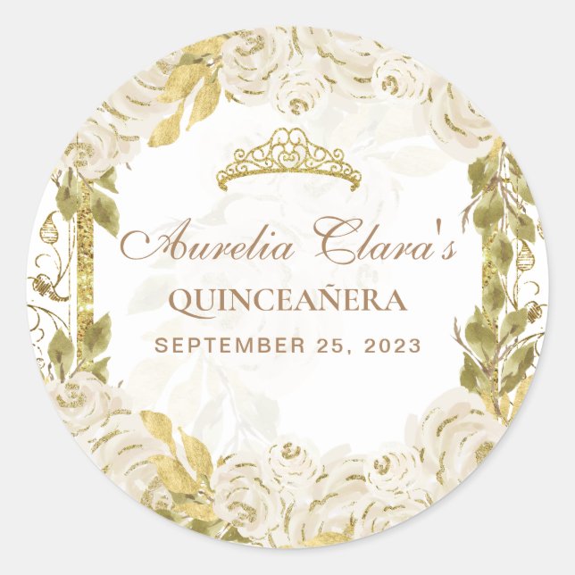 Ivory White Floral Princess Gold Arch Quinceanera Classic Round Sticker (Front)