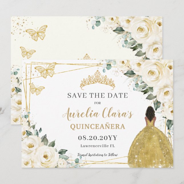 Ivory White Floral Quinceanera Brown Princess Save The Date (Front/Back)