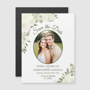 Ivory White Floral Save the Date Oval Photo Magnet
