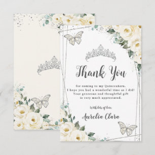Ivory White Floral Silver Butterflies Quinceañera  Thank You Card