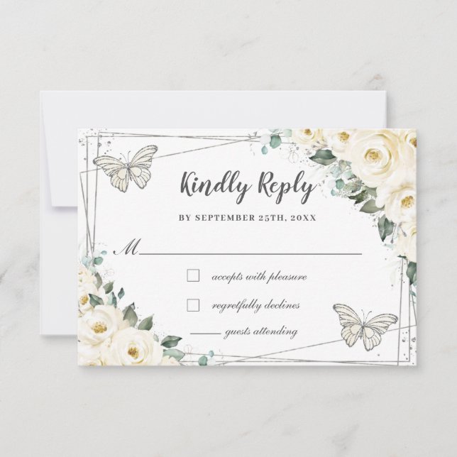 Ivory White Floral Silver Quinceañera Butterflies  RSVP Card (Front)
