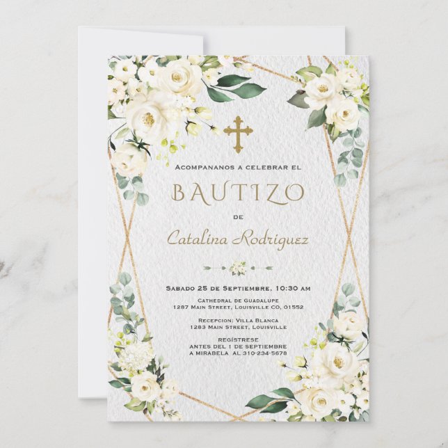 Ivory White Floral Spanish Invitacion De Bautizo Invitation (Front)