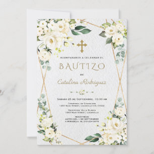 Ivory White Floral Spanish Invitacion De Bautizo Invitation