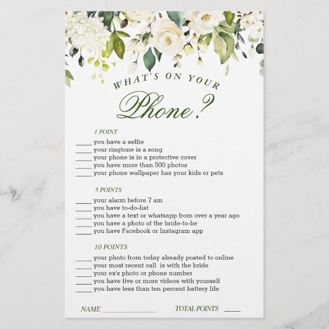 Ivory White Floral Watercolor Bridal Shower Game (Front)