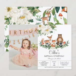 Ivory White Floral Woodland Animals Birthday Photo Invitation