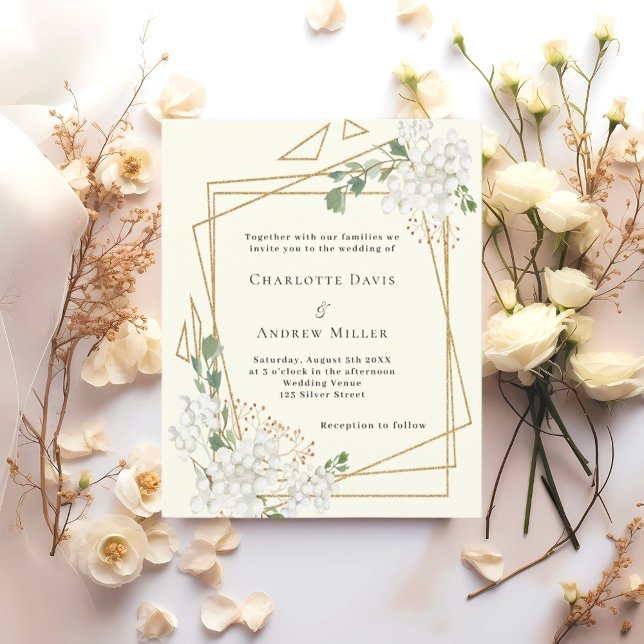 Ivory white florals geometric wedding invitation (Creator Uploaded)