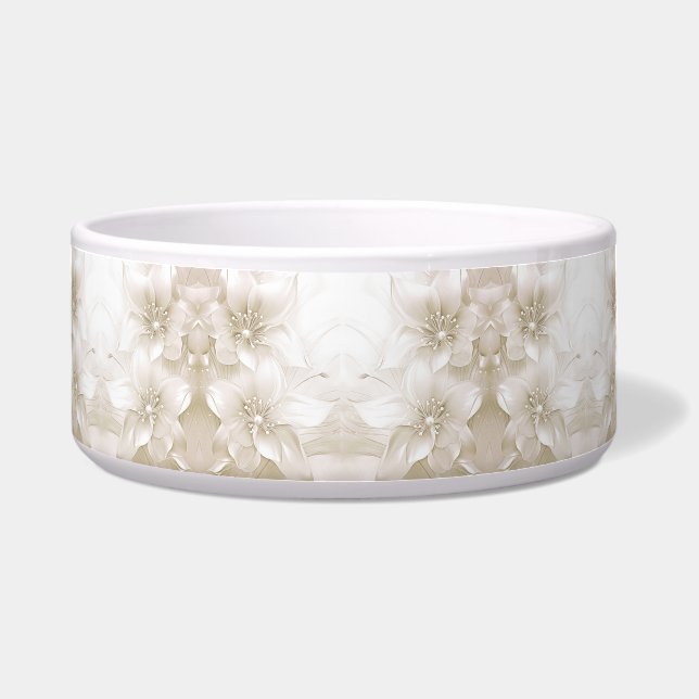 Ivory White Flowers Ceramic Pet Bowl (Front)
