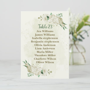 Ivory white flowers greenery seating chart card