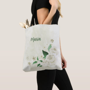 ivory white flowers greenery tote bag