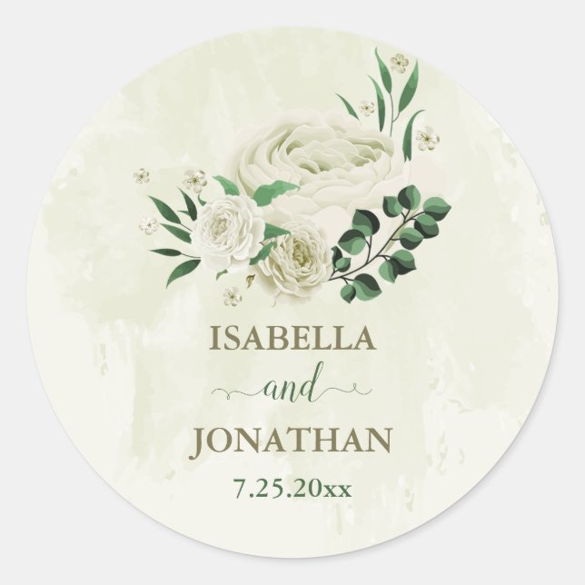 Ivory white flowers greenery wedding classic round sticker (Front)