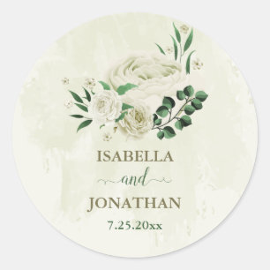 Ivory white flowers greenery wedding classic round sticker